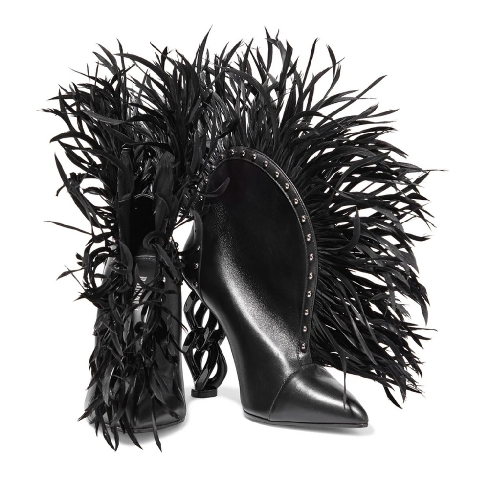 Balmain Runway Izabel Domed Feather-Trimmed Leather Ankle Boots Witchy Moody - Picture 15 of 16